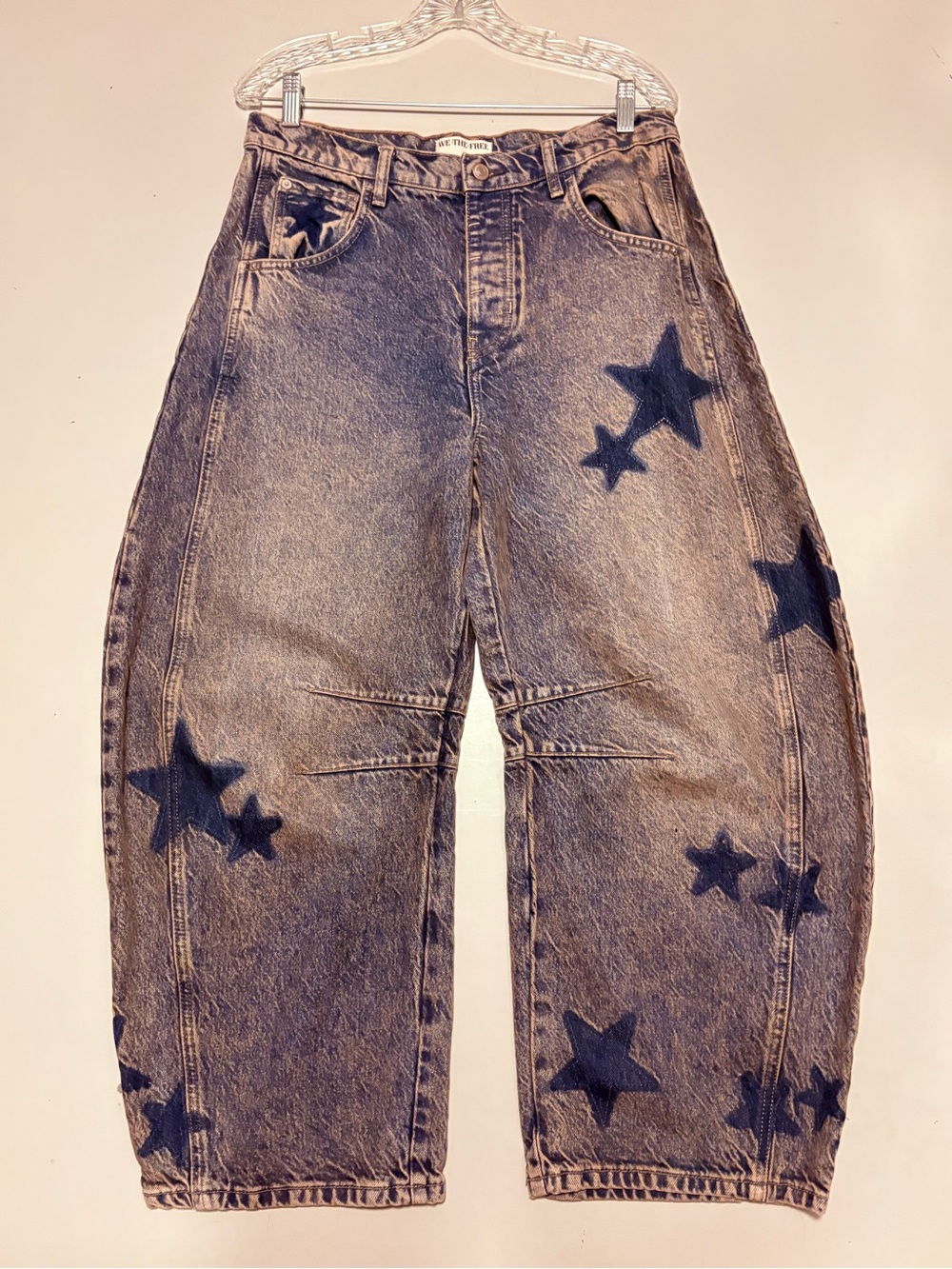 NEW Free People x WTF Good Luck Shadow Patch Barrel Jeans -Dark Wash w/ Stars ⭐️ - Picture 5 of 16